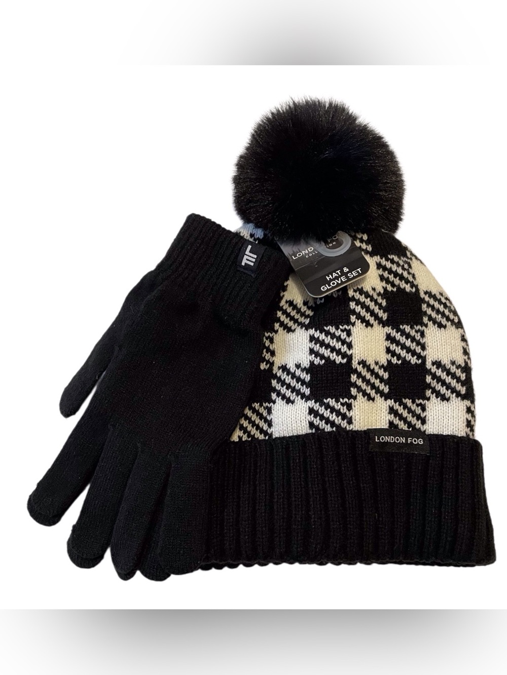 London Fog Girls Black &White Checkered Hat and Gloves, OS - Picture 1 of 5